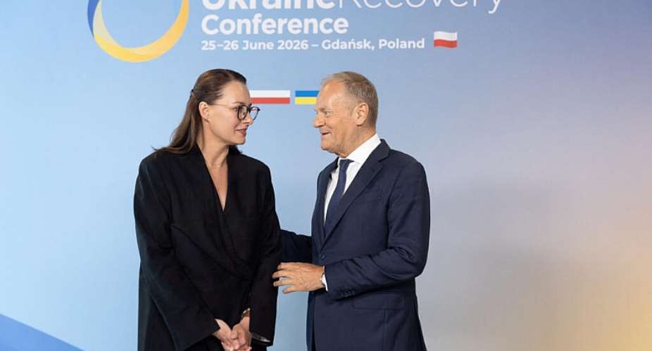 Polish Prime Minister Donald Tusk welcomes Ukrainian Prime Minister Yulia Svyrydenko to the Conference on Ukraine’s Recovery in Gdask, Poland, on June 25, 2026. -  Lukasz Glowala, Reuters