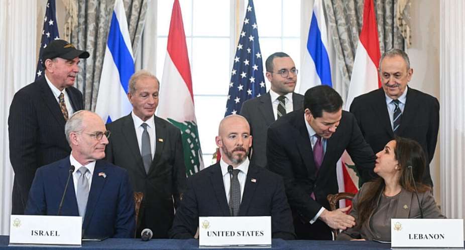 US Secretary of State Marco Rubio shakes hands with Lebanese Ambassador to the US Nada Hamadeh as Israeli Ambassador to the US Yechiel Leiter and State Department Chief of Staff Daniel Holler look on during a signing ceremony at the US Department of State in Washington, DC, on June 26, 2026. -  Saul Loeb, AFP