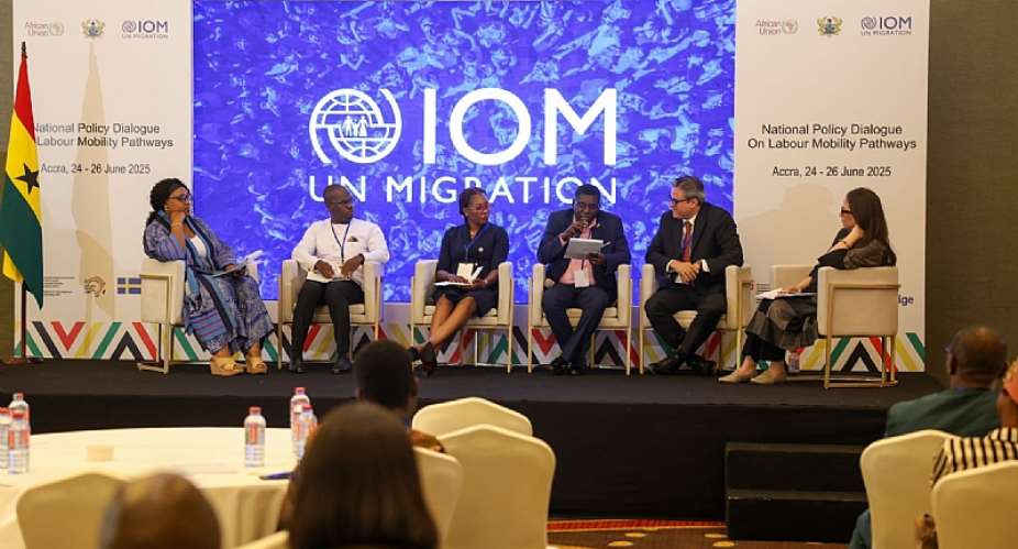 Experts from IOM, the World Bank, the Government of Ghana, and the private sector share insights during a panel session at the High-Level Policy Dialogue. Photo: IOM 2025