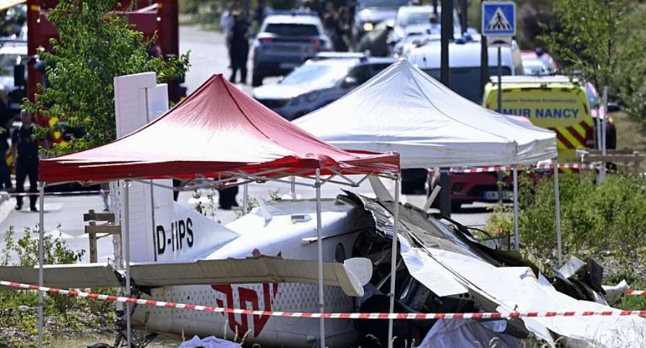 This photograph shows the wreckage of a Pilatus PC-6 light aircraft after it crashed at Tomblaine, on the outskirts of Nancy, eastern France, on June 28, 2026. -  Jean-Christophe Verhaegen, AFP