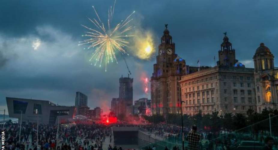 Fire crews extinguished a small blaze at the Liver Building after a firework was set off