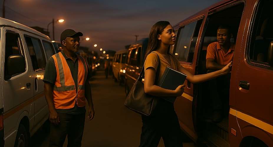 Tro-tros line up. Drivers rotate shifts. A young woman boards, clutching a textbook and hope