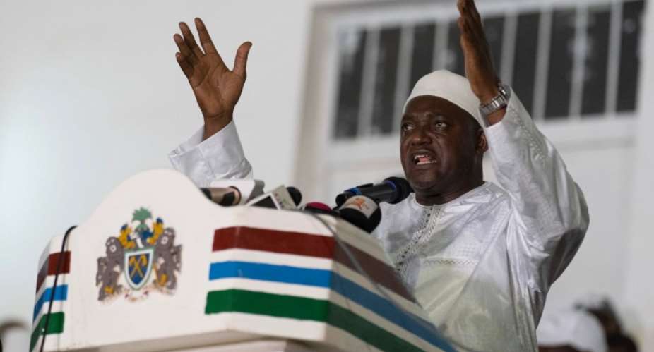 Gambian President Adama Barrow speaks to supporters after winning the presidential election in Banjul, Gambia, on December 5, 2021. CPJ called on Gambian authorities to prioritize legal reforms and accountability for crimes against the press committed under former President Jammeh. AP PhotoLeo Correa