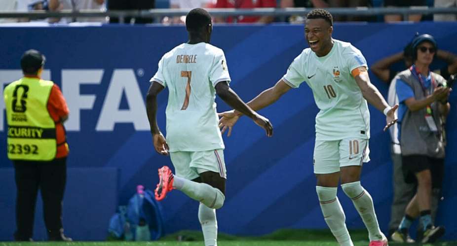 Devastating duo: Ousmane Dembele is congratulated by France strike partner Kylian Mbappe -  MAURO PIMENTEL / AFP