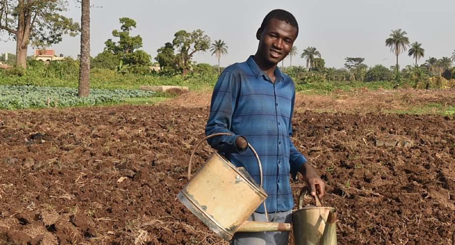 Aboubakar, 18, waters crops alongside his father on the family farm in Djougou as he rebuilds his life through agriculture after returning home. Photo: IOM/Rodrigue Combey Komla Fumey
