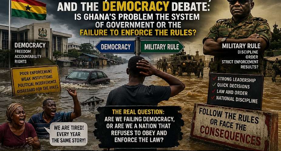 Floods expose more than failed drainage they expose failed leadership, weak enforcement, and a nation divided over democracy and discipline. Is Ghanas crisis the system of government, or our refusal to obey and enforce the law? The answers can no longer wait.