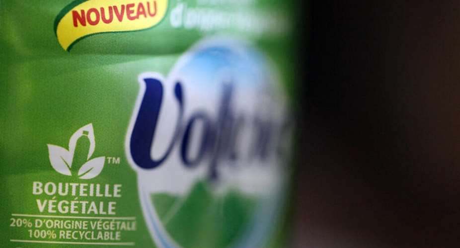 The logo on a plant-based plastic bottle of Volvic mineral water, after the Danone-owned brand was found guilty of misleading commercial practices over environmental claims on its packaging. - AFP - THOMAS COEX