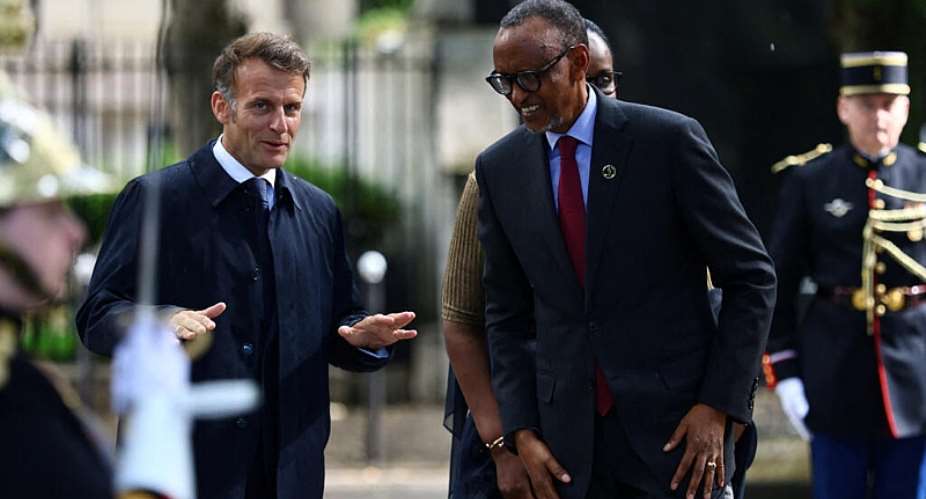 French President Emmanuel Macron welcomes Rwandan President Paul Kagame to attend the inauguration ceremony of the Habib-Bourgiba esplanade along the River Seine, a new memorial site paying tribute to the victims of the Rwandas genocide, in Paris, France, on 2 June, 2026. - REUTERS - Sarah Meyssonnier