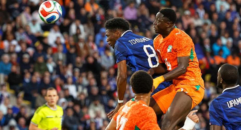 Frances Aurlien Tchouameni heads the ball during the international friendly football match between France and Ivory Coast in Nantes, France, 4 June 2026. -  Jeremias Gonzalez, AP