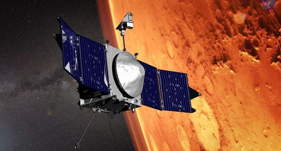 This illustration provided by NASA depicts the MAVEN (Mars Atmosphere and Volatile EvolutioN) spacecraft orbiting the planet Mars -  NASA