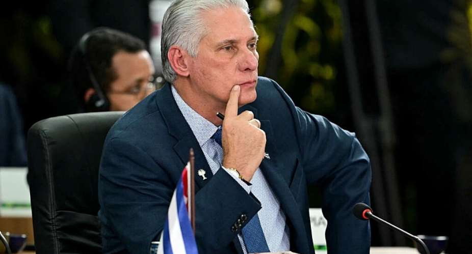 Cubas President Miguel Diaz-Canel gestures during the BRICS summit second plenary session in Rio de Janeiro, Brazil, on July 6, 2025. -  Pablo Porciuncula, AFP
