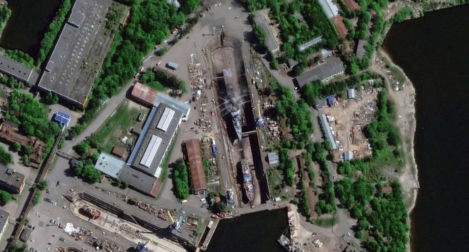Satellite image provided by Vantor shows fire crews working to control the fires onboard the Russian guided-missile corvette Boikiy at the Kronstadt naval base west of St. Petersburg, Russia, June 3, 2026. - Vantor via AP
