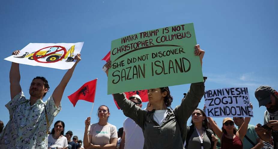 Protestors against a plan to build a luxury seaside resort by a company linked to the Trump family gather in a nature reserve in  Zvrnec, Albania, June 6, 2026. -  Adnan Beci, AFP