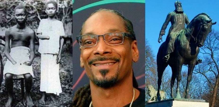 Left, the crime of King Leopold against children, middle, Snoop Dogg and right, the statue of the mad king that committed those atrocities in Africa