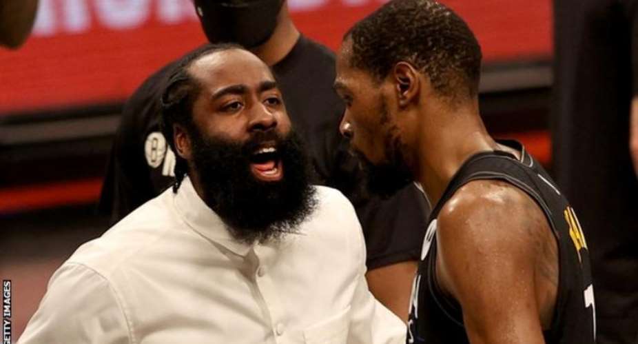 James Harden, who was injured 43 seconds into game one, watched from the sidelines and celebrated with Kevin Durant