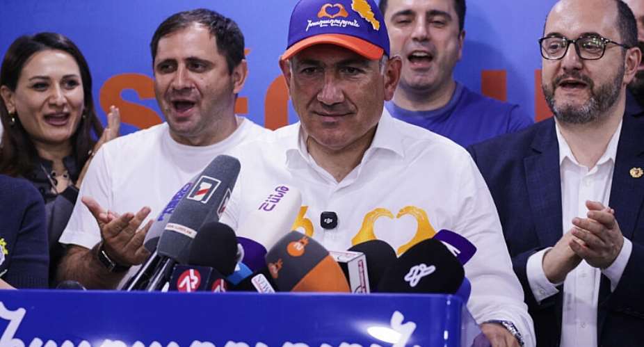 Armenian Prime Minister Nikol Pashinyan speaks at his Armenia Ruling Civil Contract party headquarters after parliamentary elections in Yerevan, Armenia, Monday, 8 June, 2026. - AP Photo/Anthony Pizzoferrato - Anthony Pizzoferrato