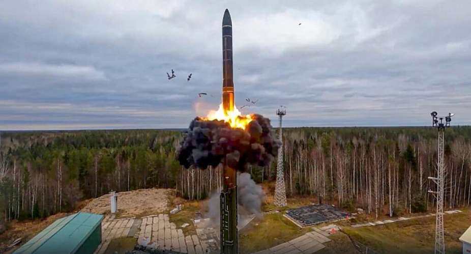 FILE - In this photo taken from video released by Russian Defense Ministry Press Service on Oct. 26, 2022, a Yars intercontinental ballistic missile is test-fired as part of Russias nuclear drills. -  AP