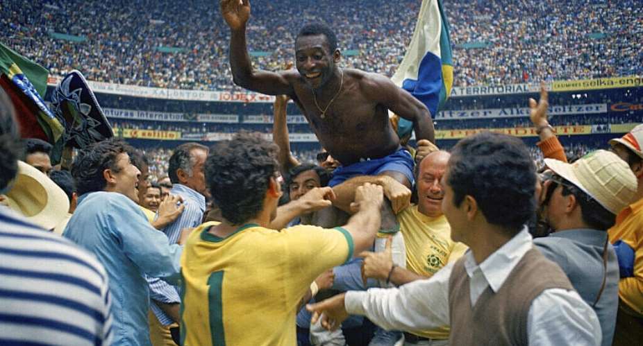 Brazil striker Pel, the only player to win the World Cup three times, was held aloft by teammates after inspiring Brazil to a 4-1 win over Italy in the 1970 World Cup final at the Estadio Azteca in Mexico City. - AP
