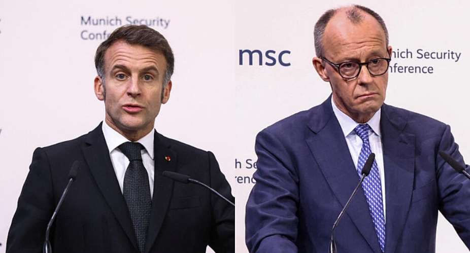 French President Emmanuel Macron and German Chancellor Friedrich Merz, on 13 February, 2026 at the Munich Conference. -  Liesa Johannssen / REUTERS / Montage RFI