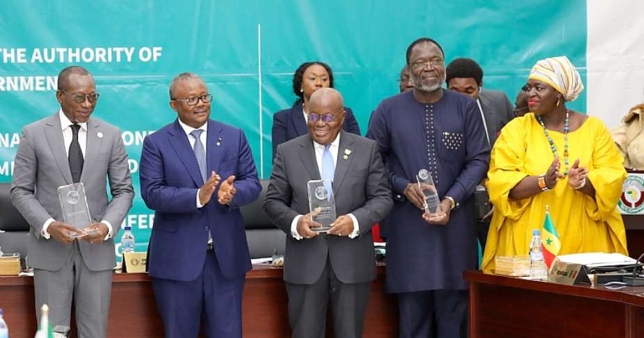 Left to right:His Excellency, Patrice Talon, President of the Republic of BeninHis Excellency, Umaro Sissoco Embal, President of Guinea Bissau and Chair of the Authority of ECOWAS Heads of State and GovernmentHis Excellency, Nana Akufo-Addo, President of the Republic of GhanaHis Excellency, Omar Alieu Touray President of the ECOWAS CommissionThoko Elphick-Pooley, Executive Director, Uniting to Combat Neglected Tropical Diseases