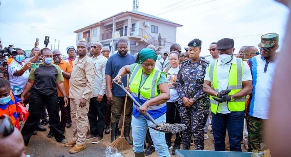 Vice President Professor Jane Naana Opoku-Agyemang, taking part in the National Cleaning Exercise at Nungua, Accra