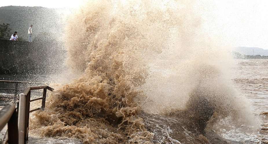 Huge waves crash on the coastline ahead of Typhoon Bavi in Wenling in eastern Chinas Zhejiang province on July 10, 2026. -  Chinatopix Via AP