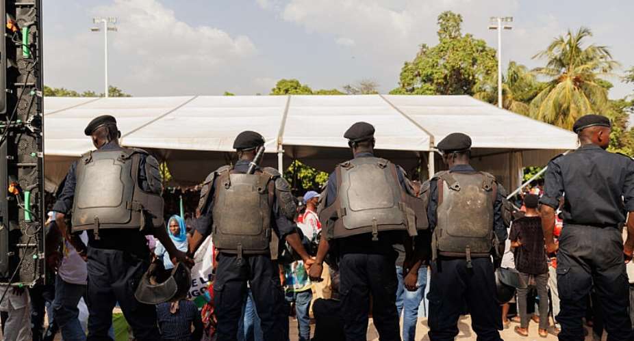 Police officers in Bamako, Mali, stand guard at a demonstration against Algeria after it shot down a Malian drone, on 12 April 2025. -  AFP