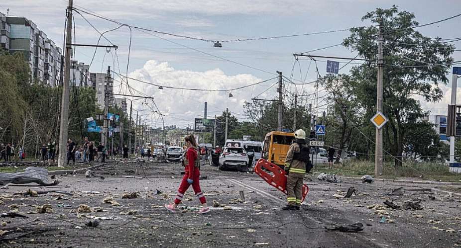 In this photo provided by the Ukrainian Emergency Service, emergency personnel work on the site of a Russian air attack in Sumy, Ukraine, on July 11, 2026. -  Ukrainian Emergency Service via AP