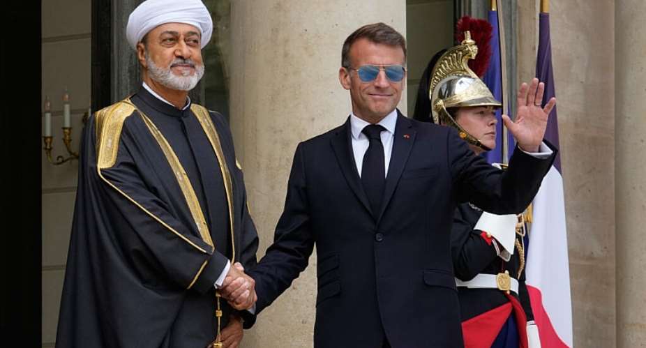 French President Emmanuel Macron, right, greets the Sultan of Oman Haitham bin Tariq before a meeting at the lyse Palace in Paris on June 29, 2026. -  Michel Euler, AP