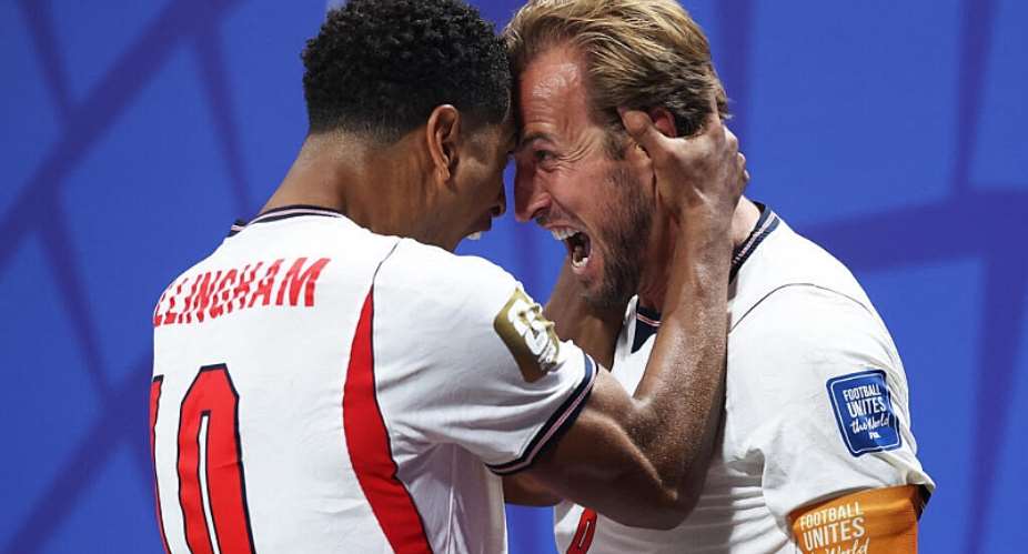 Harry Kane and Jude Bellingham celebrate after scoring the equaliser against DR Congo in the World Cup round of 32. -  Richard Pelham, AFP