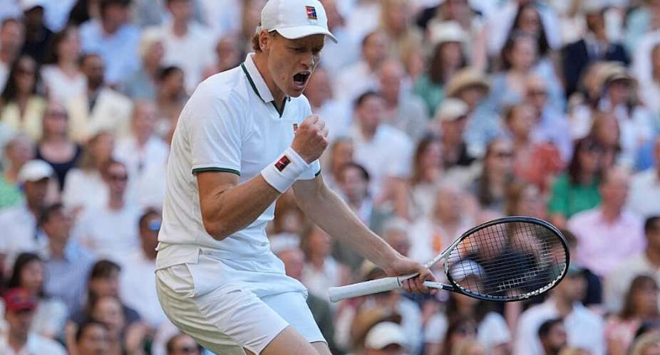 Jannik Sinner of Italy celebrates after winning a point against Alexander Zverev of Germany mens singles final at Wimbledon Tennis Championships in London, Sunday, July 12, 2026. -  Kin Cheung, AP Photo