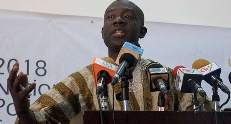 Oppong Nkrumah addressing journalists at the launch