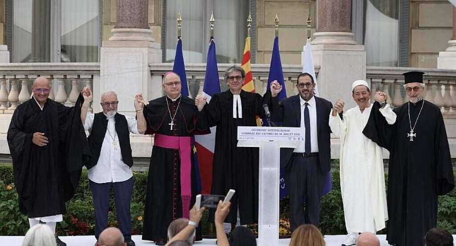 (From L) Venerable Jean-Franois Honin-Rosa, Archpriest Khatchadour Boghossian, Nices bishop Jean Philippe Nault, pastor Paolo Morlachetti, Grand Rabbin Franck Teboul, Spiritual guide of the Sufi order Khaled Bentounes and Archpriest of the Ecumenical Throne Michel Seliniotakis led the interfaith ceremony commemorating the victims of the Bastille Day 2016 attack. - AFP - VALERY HACHE
