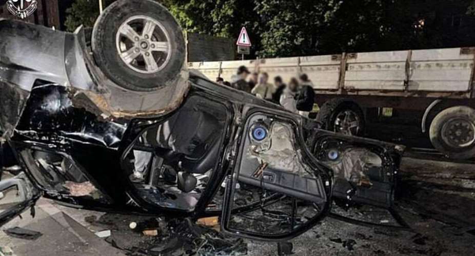 This handout photograph published on July 9, 2026 shows an overturned Ukrainian army conscription vehicle in Lviv following unrest that erupted after officers detained a man suspected of evading military service and took him to a draft centre on July 8, 2026. -  Ukrainian Prosecutor Generals office via AFP