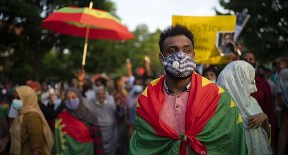 Demonstrators protesting the political situation in Ethiopia in the wake of the death of musician Hachalu Hundessa - Source: Jeff WheelerStar Tribune via Getty Images