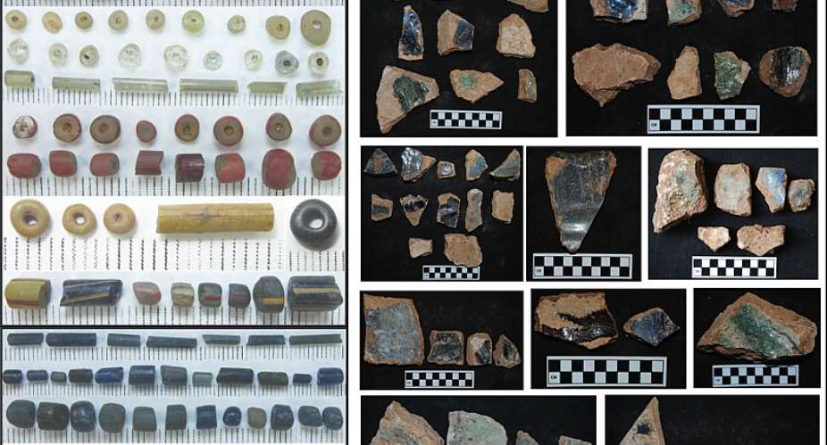Glass related artifacts excavated from Igbo Olokun, Ile Ife. Left: glass beads, Right: fragments of glass making crucibles - Source: Courtesy Author