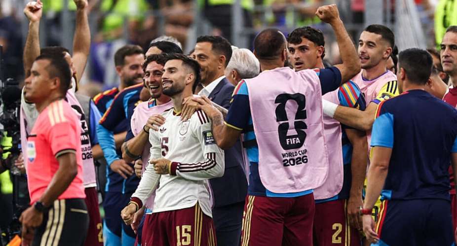 Spains players celebrate after beating France 2-0 in Dallas to reach the final of the 2026 World Cup. - AFP - FRANCK FIFE