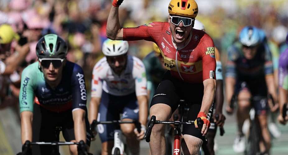 Soren Waerenskjold (R) held off a late charge from Olav Kooij (L) and Jasper Philipsen to win the Tour de Frances 11th stage. -  Anne-Christine Poujoulat, AFP