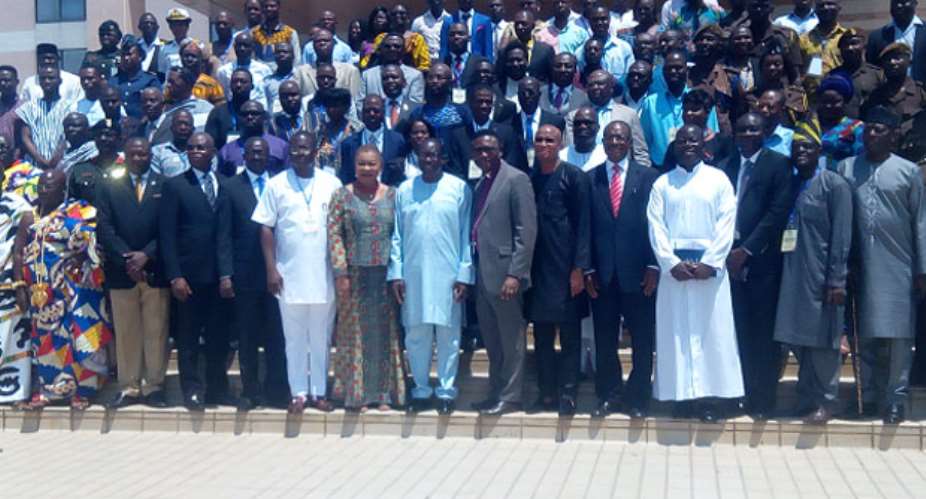 Front row: Fifth from right Hon. Mustapha A. Hamid Minister for Information, Prof. Emmanuel Asante Chairman National Peace Council and fifth from left Rev. Joyce Aryee