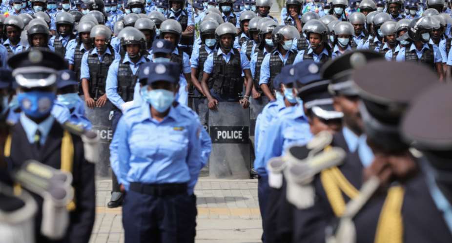Police officers are seen in Addis Ababa, Ethiopia, on June 19, 2021. Ethiopian authorities today withdrew the license of the independent outlet Addis Standard. ReutersBaz Ratner