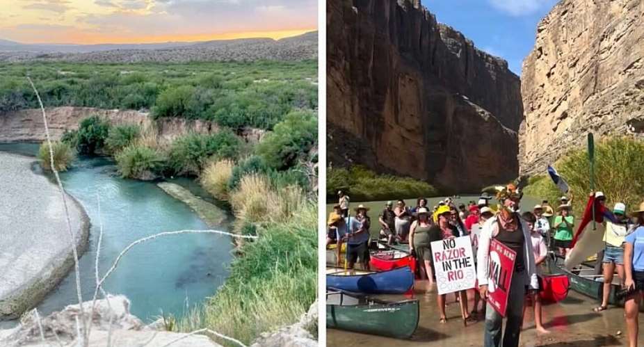 Shown at left is the Rio Grande river as it flows through Big Bend National Park. At right, a protest against the construction of a border wall in the park on April 4, 2026. -  Instagram / laiken.jordahl