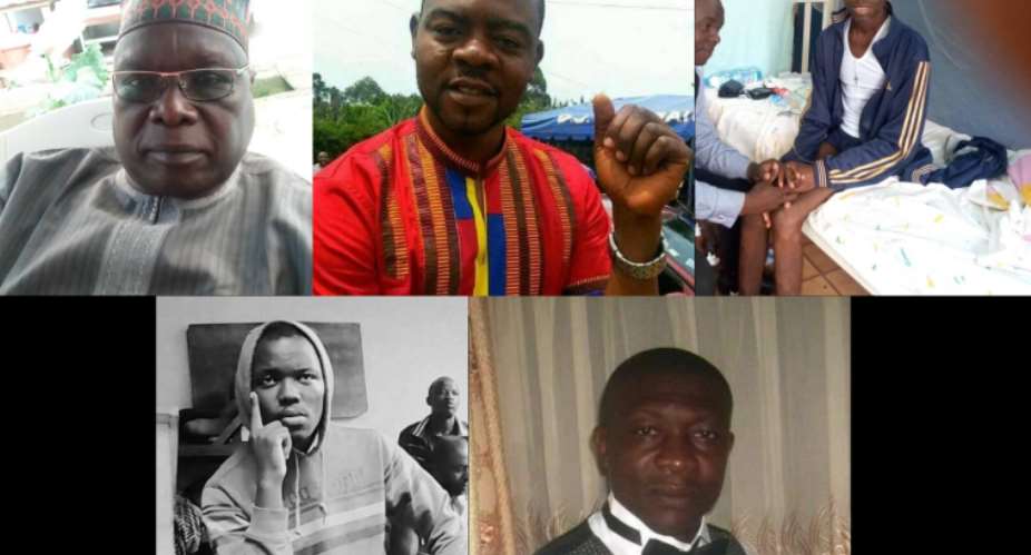 Five journalists (from top-left)—Amadou Vamoulke, Manch Bibixy, Thomas Awah Junior, Tsi Conrad, and Kingsley Fomunyuy Njoka—are currently behind bars in Cameroon, in violation of international law. (Image: Created by CPJ)