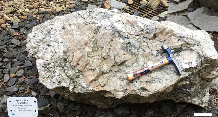 A sample of a Spruce Pine pegmatite displayed in Appalachian State Universitys rock garden. The mines at Spruce Pine produce the worlds purest known natural quartz. -  Marguliesgm, CC BY-SA 4.0 via Wikimedia Commons