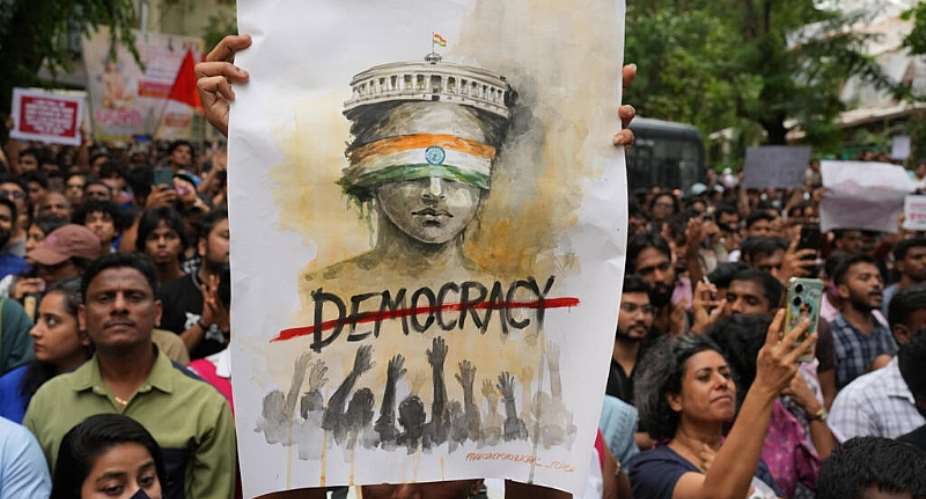 A Cockroach Janta Party supporter at a protest in Mumbai, July 19, 2026, to demand the resignation of Indias education minister. -  Rafiq Maqbool, AP