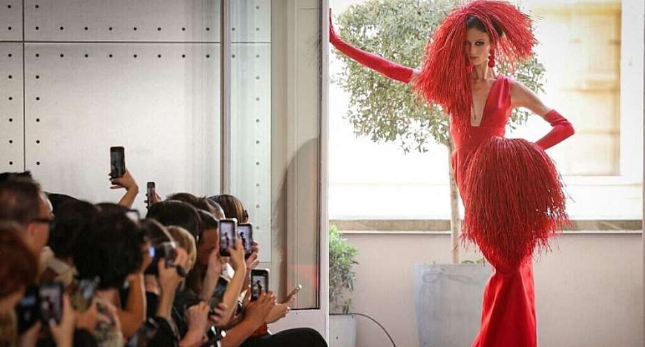 A model wears a creation by Imane Ayissi during Paris Couture Week on 6 July. - AFP - THOMAS SAMSON