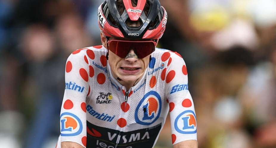 File photo of Jonas Vingegaard wearing the climbers dotted King of the Mountains jersey cycles to the finish of the 14th stage of the 113th edition of the Tour de France cycling race, 155,3 km between Mulhouse and Le Markstein in the Vosges mountains, on July 18, 2026. -  Anne-Christine Poujoulat, AFP