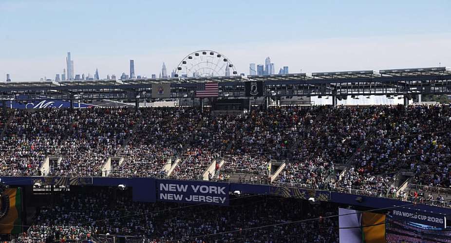 The New York City skyline is seen behind the stadium in East Rutherford, New Jersey, near New York, June 16, 2026. -  Pamela Smith, AP
