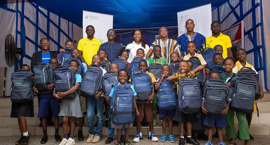 Some participants of Vivo Energy Ghana's Community Digital Literacy Programme displaying their backpacks