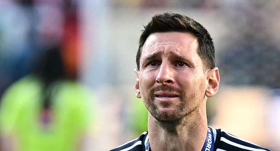 Argentina forward Lionel Messi cries during the trophy ceremony after the 2026 World Cup final. -  Paul Ellis, AFP