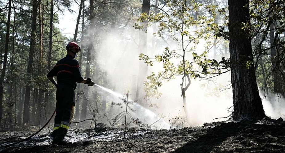 A firefighter tackles the wildfire as it sweeps through the Fontainebleau Forest near Noisy-sur-cole, in the le-de-France region, on 16 July 2026. - AFP - LOU BENOIST